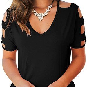 Short Sleeve Cut Out Cold Shoulder V Neck Tee